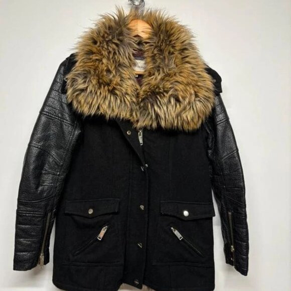 Vintage River Island Black Wool Blend Coat with faux fur & faux leather sleeves